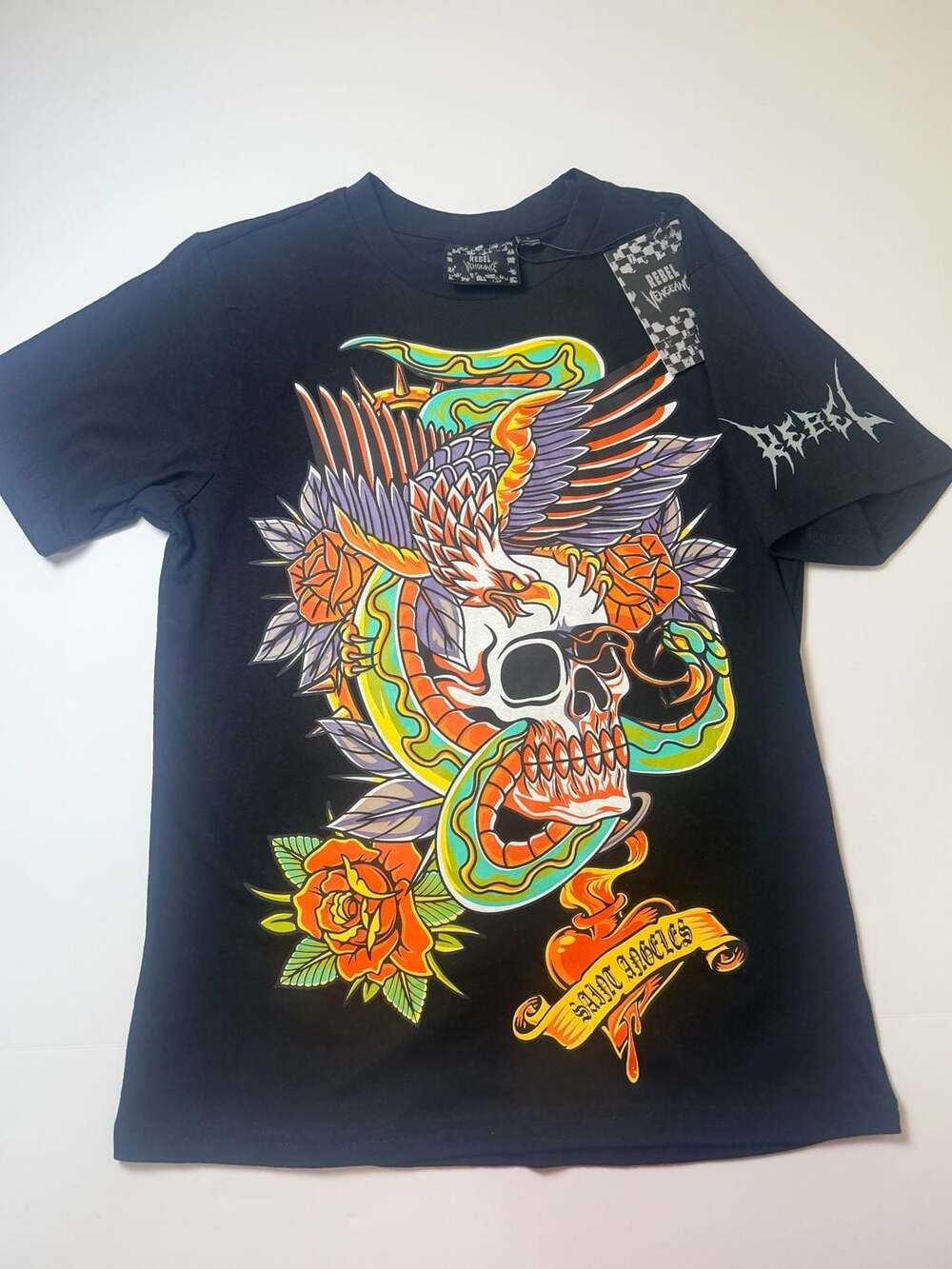 Rebel Vengeance Saint Angeles Skull Eagle Snake Graphic T-Shirt Men’s Size S NWT